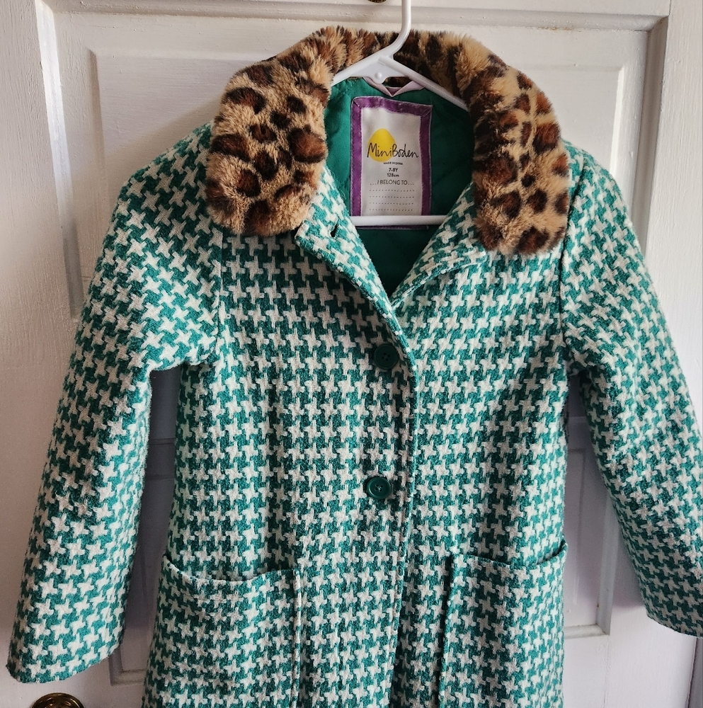 Mini Boden dress coat, green houndstooth with faux fur collar 7 8